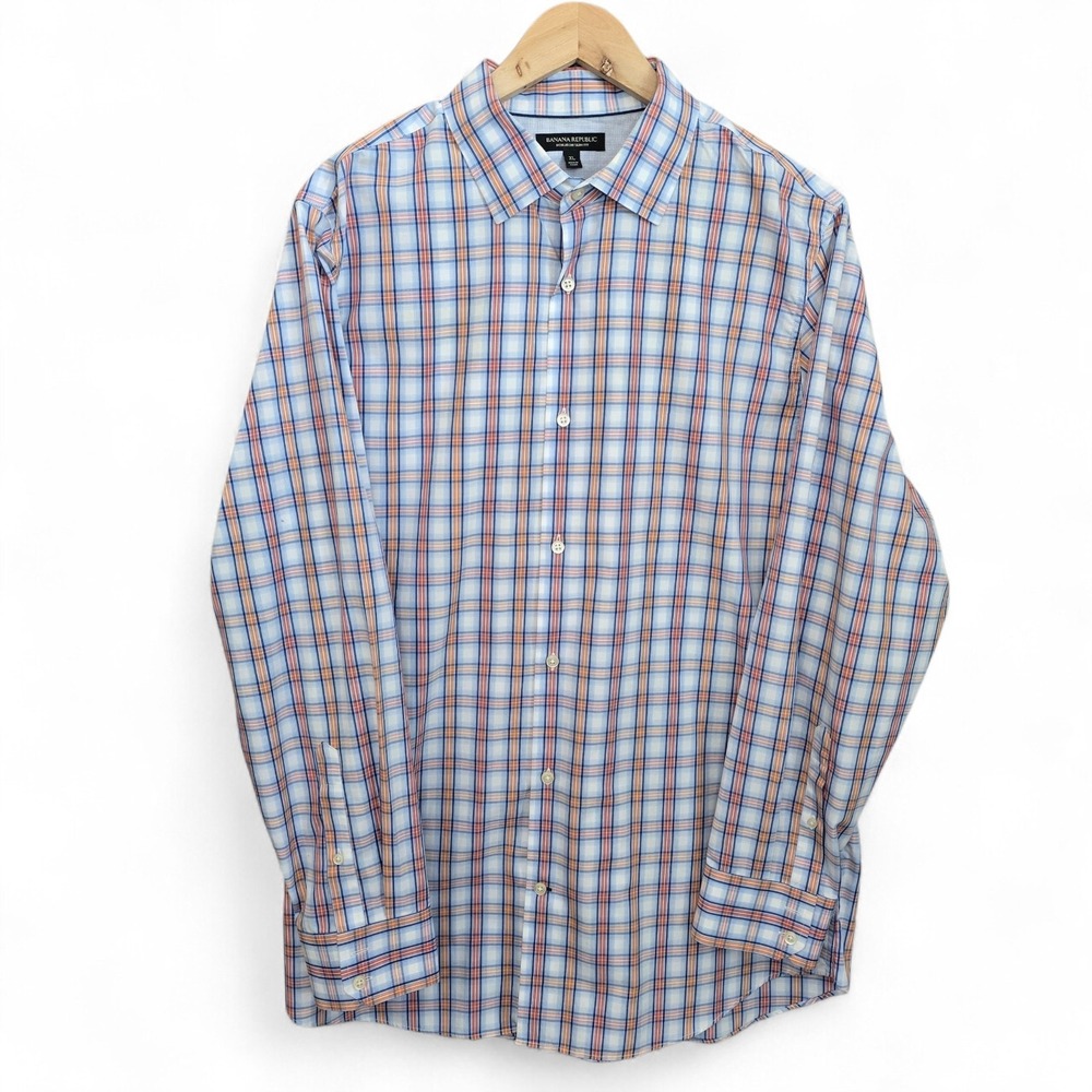 Banana Republic Shirt Mens XL Orange Blue Plaid Button Non Iron Slim Fit Casual